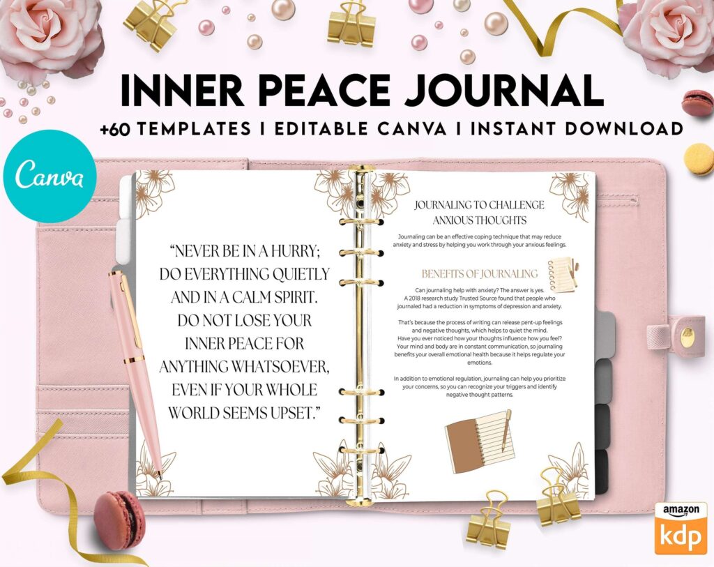 Inner Peace Journal, Calming journal, Happiness journal, Spiritual journal, Canva Editable Templates 8,5×11 inch, KDP interior