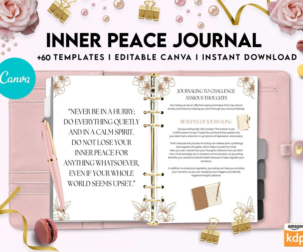 Inner Peace Journal, Calming journal, Happiness journal, Spiritual journal, Canva Editable Templates 8,5×11 inch, KDP interior