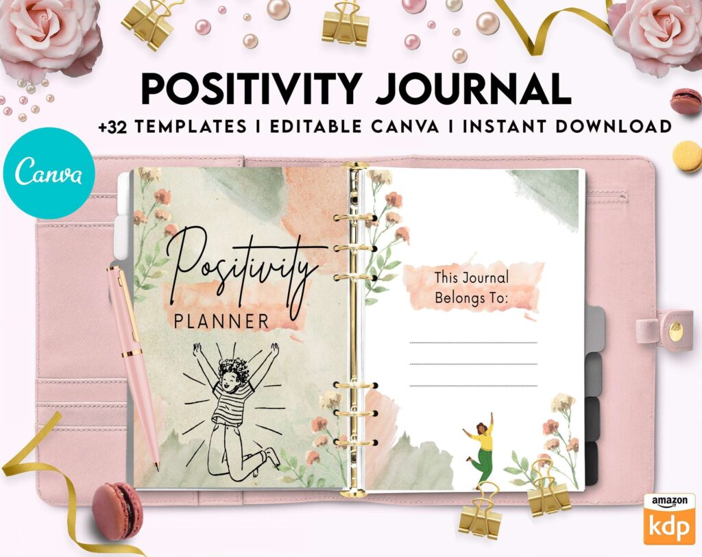 Positivity journal, positive mindset, happiness journal, Canva Editable Templates 8,5×11 inch, KDP interior
