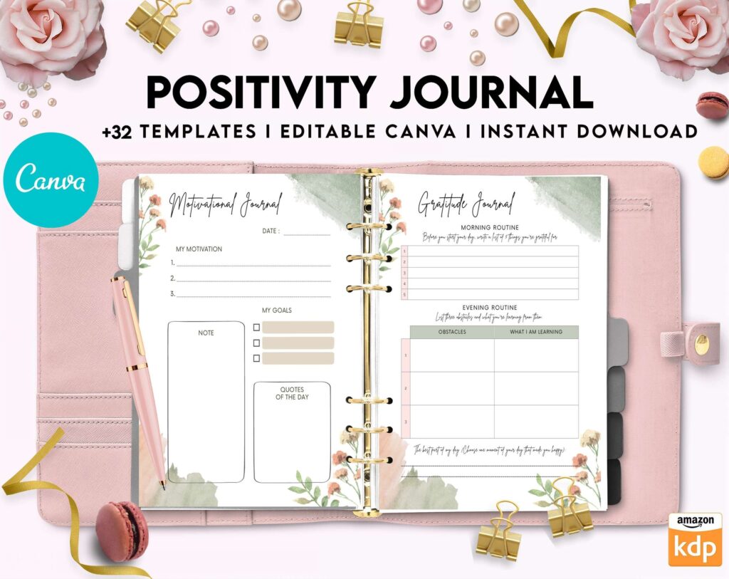 Positivity journal, positive mindset, happiness journal, Canva Editable Templates 8,5×11 inch, KDP interior