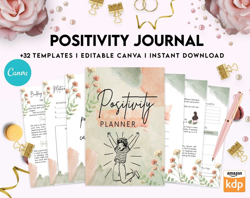Positivity journal, positive mindset, happiness journal, Canva Editable Templates 8,5×11 inch, KDP interior