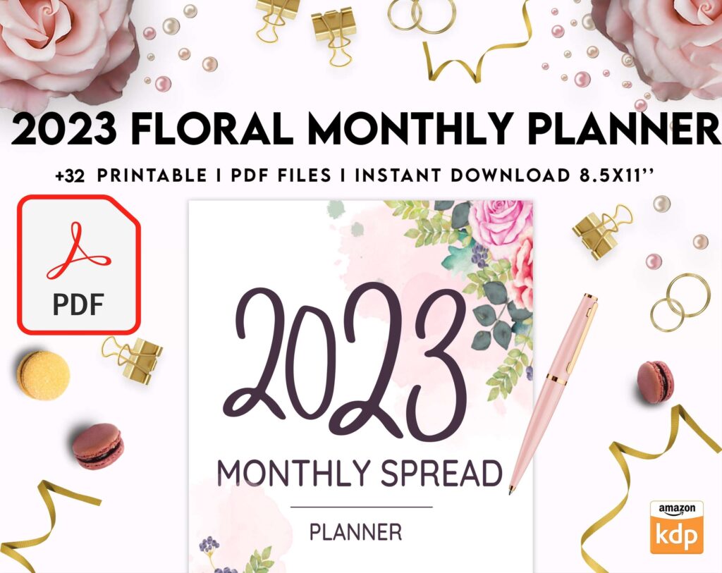 2023 Floral Monthly Planner, Dated 2023 planner Calendar Printable KDP interior PDF file 8,5×11 inch