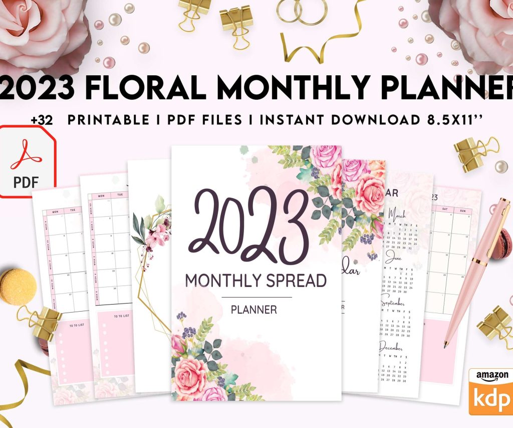 2023 Floral Monthly Planner, Dated 2023 planner Calendar Printable KDP interior PDF file 8,5×11 inch