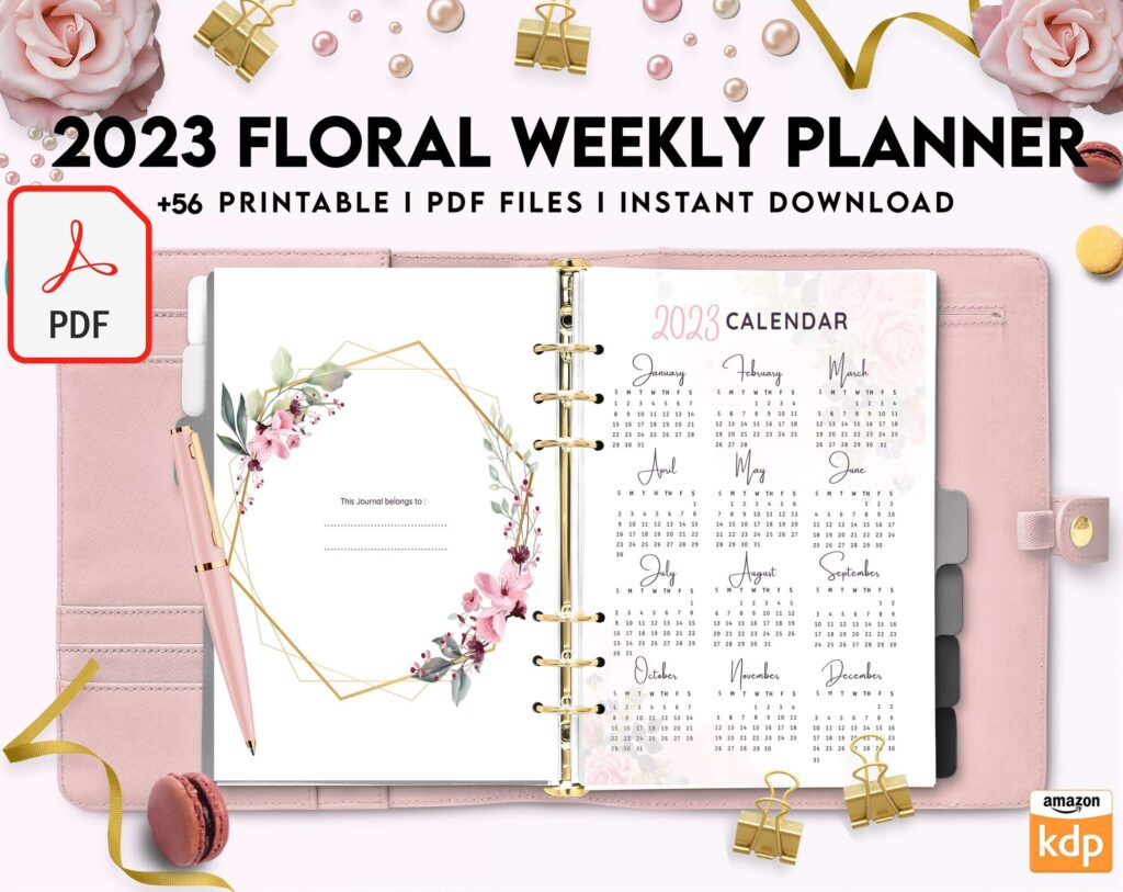 2023 Floral Weekly Planner, Dated 2023 planner Calendar Printable KDP interior PDF file 8,5×11 inch