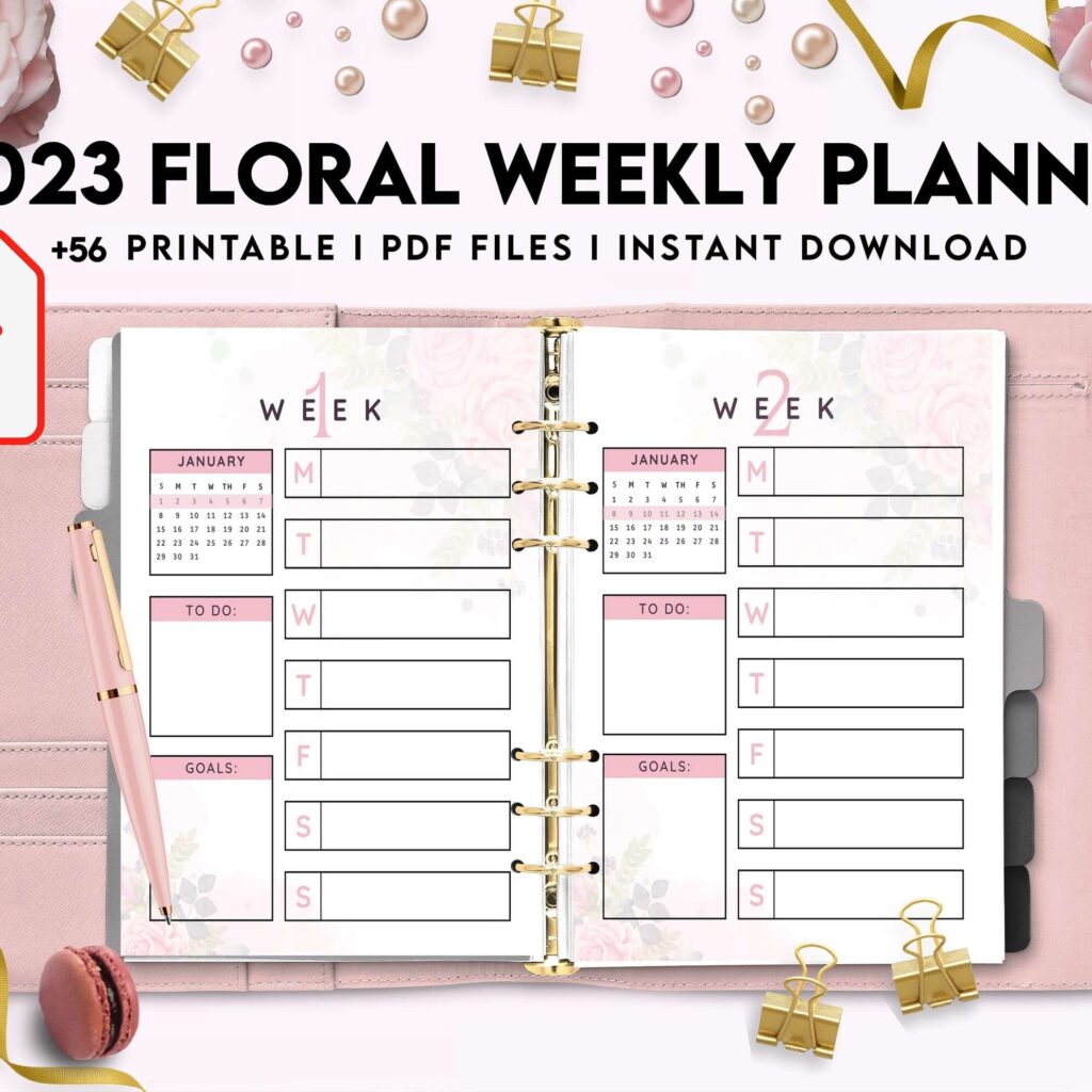 2023 Floral Weekly Planner, Dated 2023 planner Calendar Printable KDP interior PDF file 8,5×11 inch