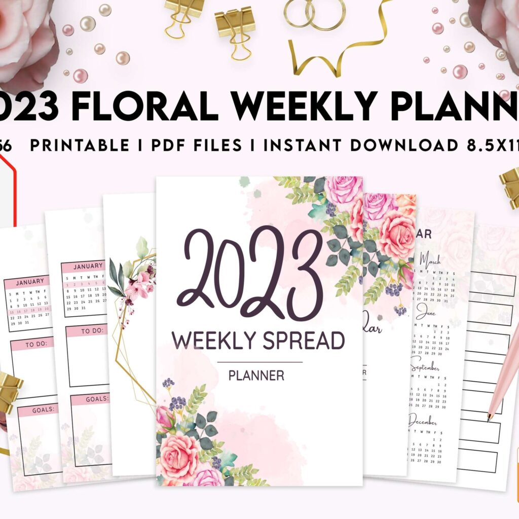 2023 Floral Weekly Planner, Dated 2023 planner Calendar Printable KDP interior PDF file 8,5×11 inch