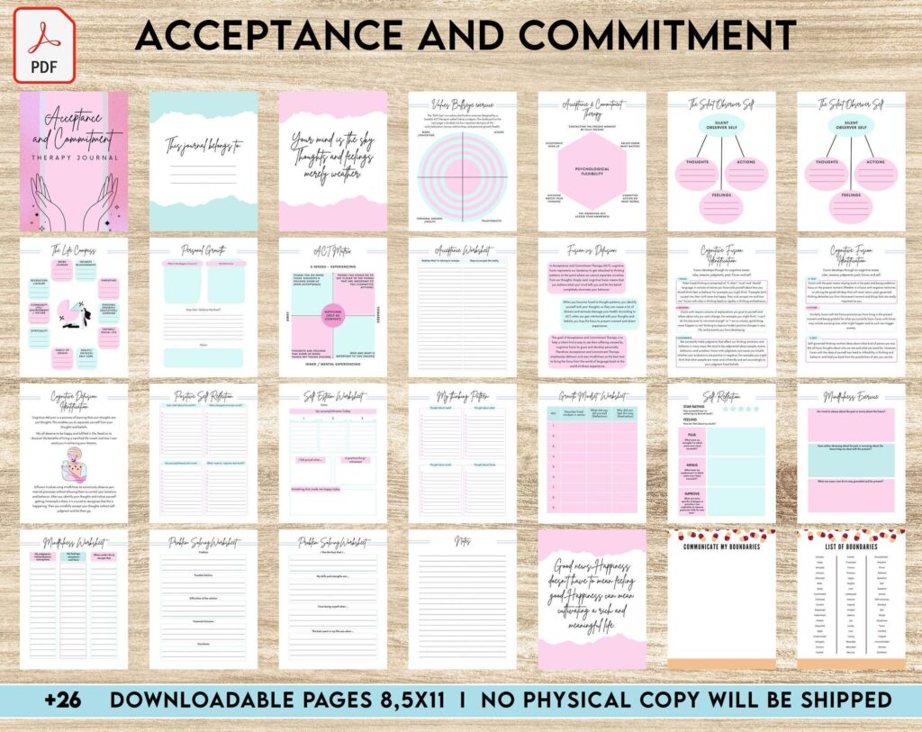 Acceptance and Commitment, self improvement journal pdf, therapy journal , self discovery, self esteem, KDP interior PDF file 8,5×11 inch