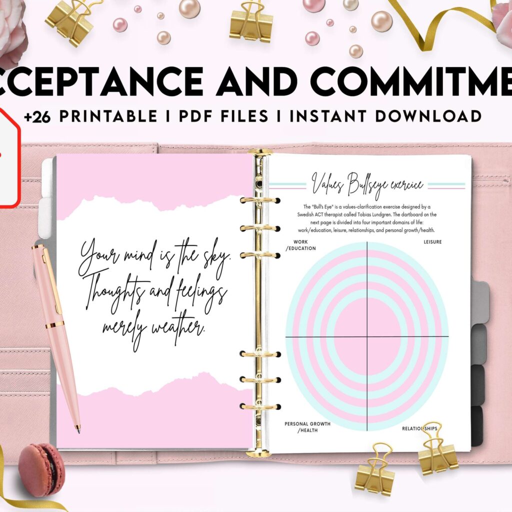 Acceptance and Commitment, therapy journal , self discovery, self esteem, KDP interior PDF file 8,5×11 inch