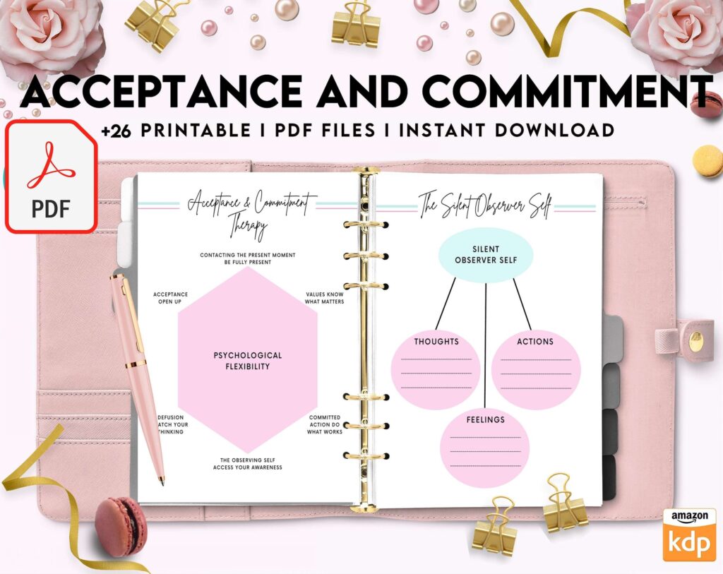 Acceptance and Commitment, therapy journal , self discovery, self esteem, KDP interior PDF file 8,5×11 inch