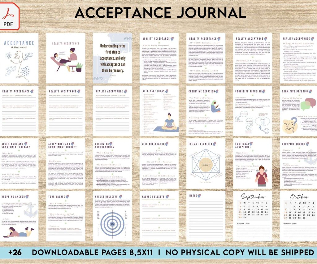 Acceptance Journal, therapy journal, Self care journal, self care planner, mindfulness, self love journal,wellness journal KDP interior PDF file 8,5×11 inch