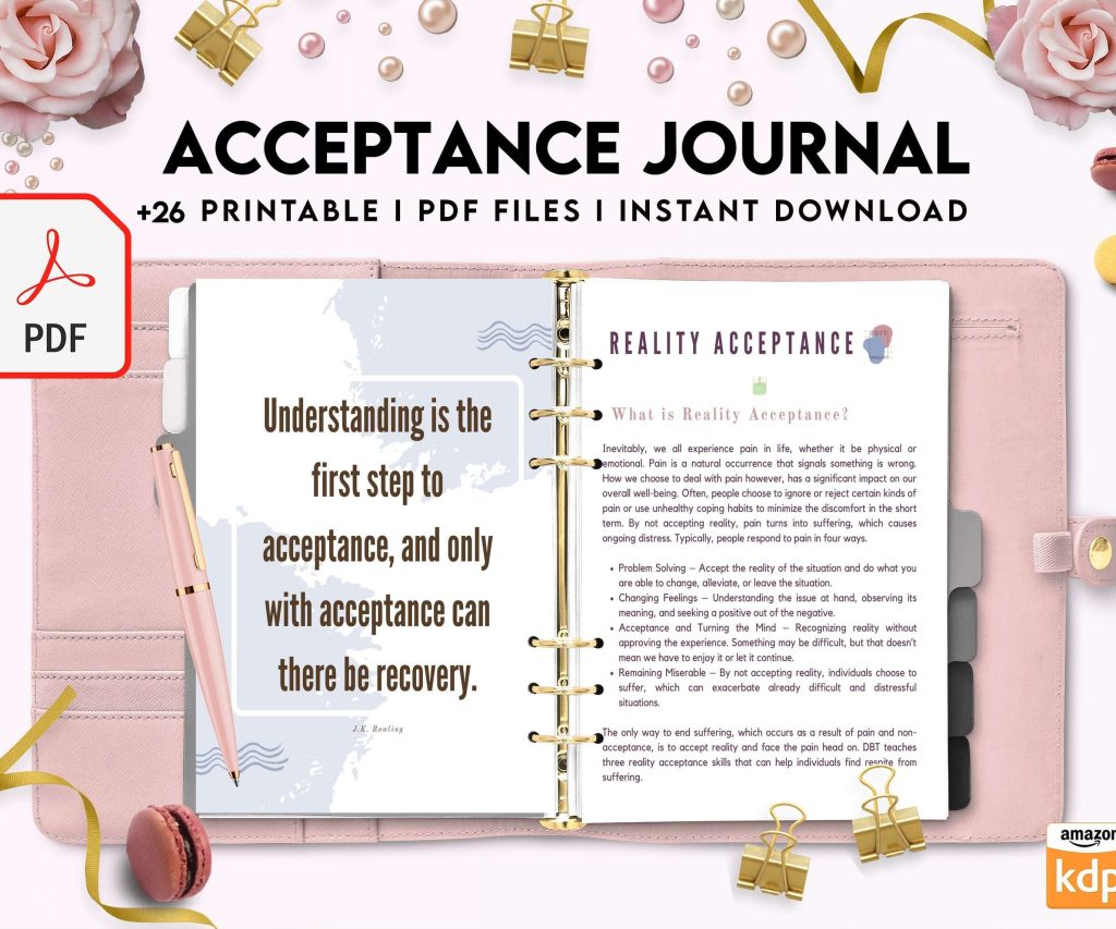 Acceptance Journal, therapy journal, Self care journal, self care planner, mindfulness, self love journal,wellness journal KDP interior PDF file 8,5×11 inch