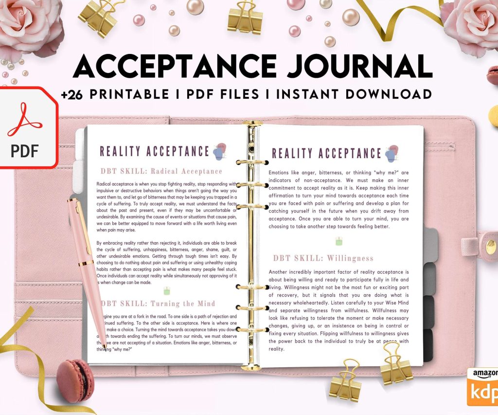 Acceptance Journal, therapy journal, Self care journal, self care planner, mindfulness, self love journal,wellness journal KDP interior PDF file 8,5×11 inch