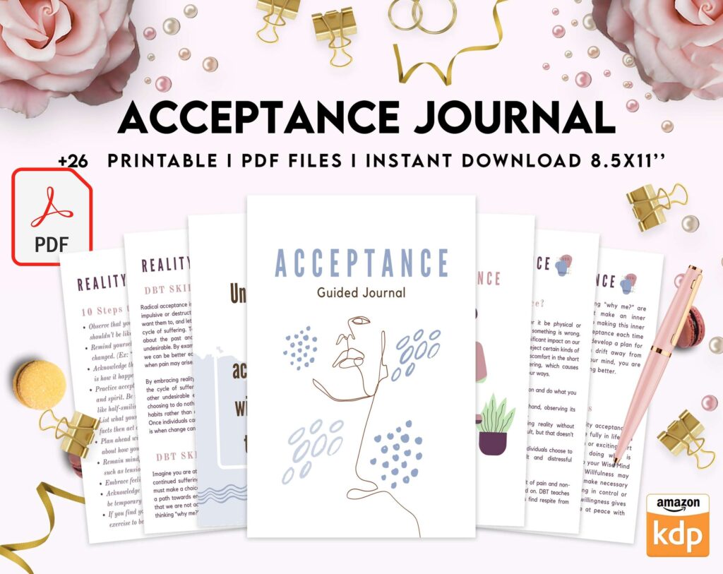 Acceptance Journal, therapy journal, Self care journal, self care planner, mindfulness, self love journal,wellness journal KDP interior PDF file 8,5×11 inch