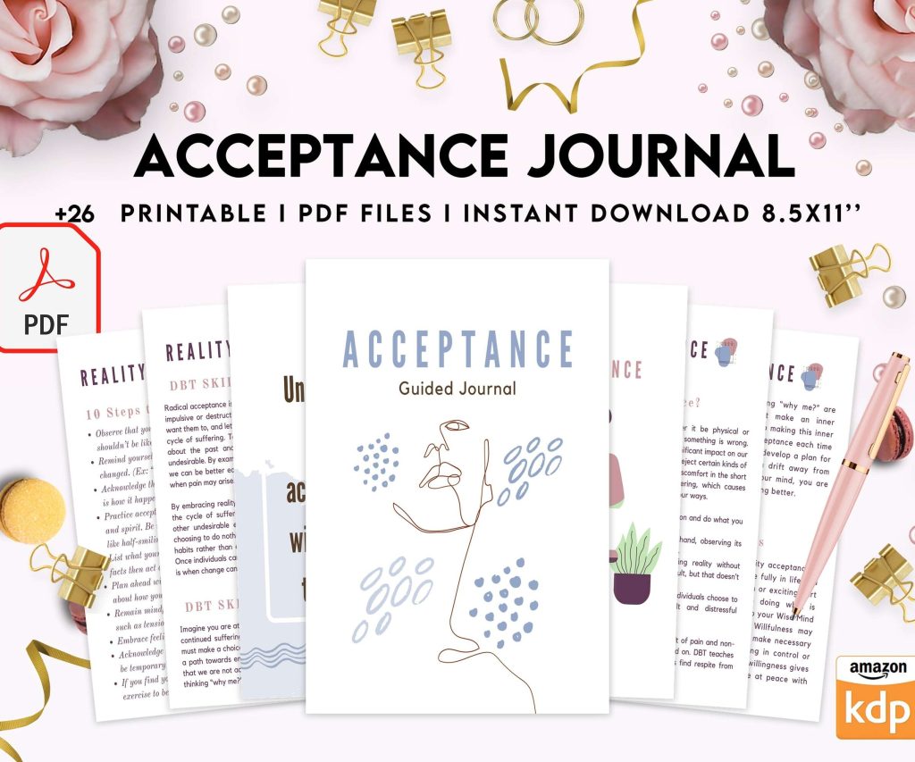 Acceptance Journal, therapy journal, Self care journal, self care planner, mindfulness, self love journal,wellness journal KDP interior PDF file 8,5×11 inch