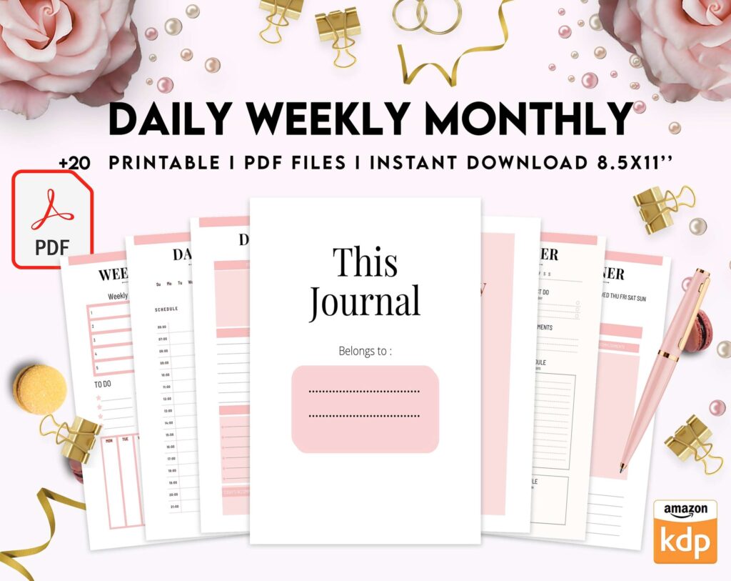 Daily weekly monthly Journal, undated journal, KDP interior PDF file 8,5×11 inch