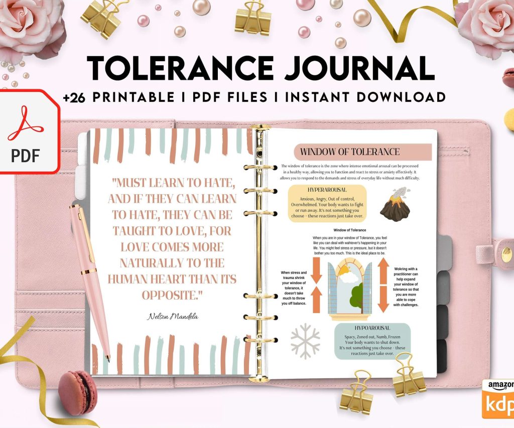 Tolerance Journal, window of tolerance, therapy journal , self discovery, self esteem, KDP interior PDF file 8,5×11 inch