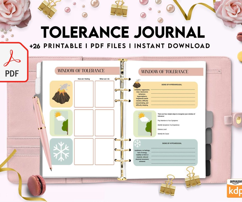 Tolerance Journal, window of tolerance, therapy journal , self discovery, self esteem, KDP interior PDF file 8,5×11 inch
