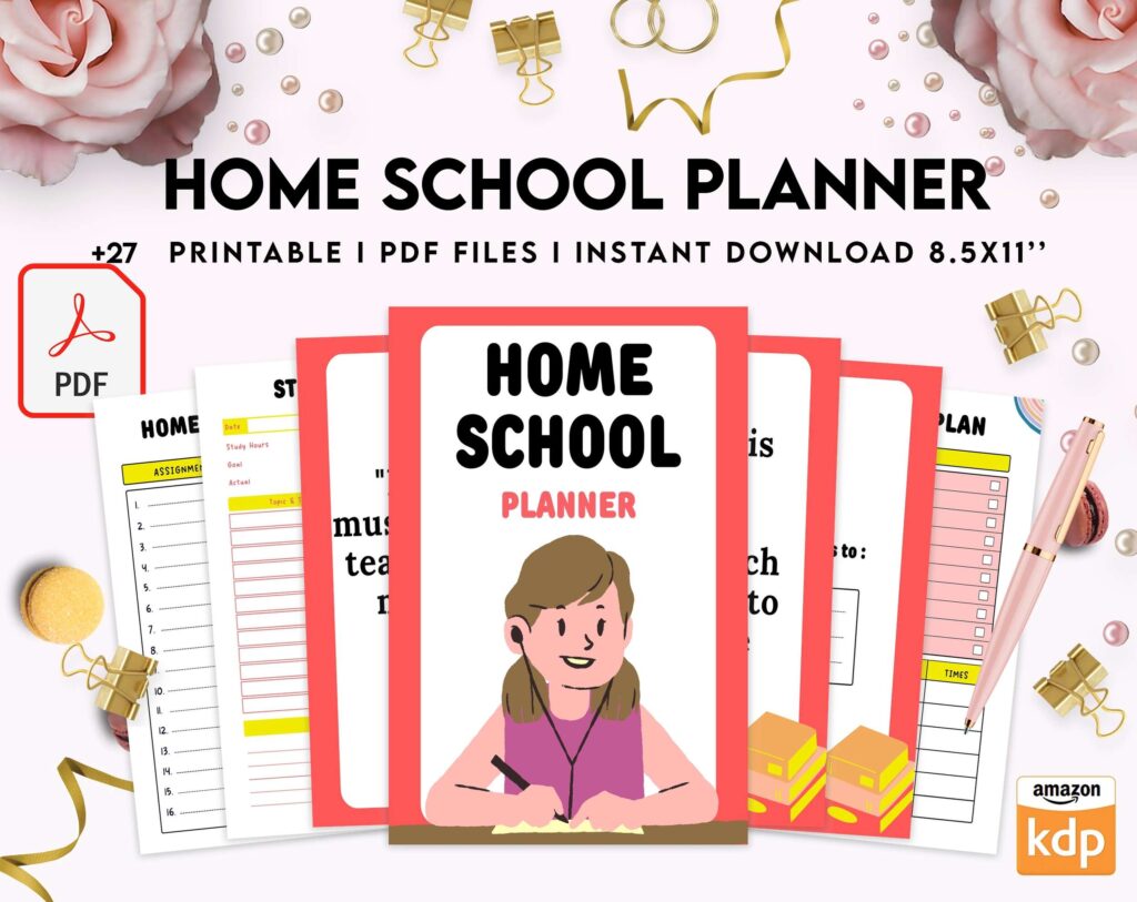 Home School Planner, homeschool daily planning, homeschooling lesson schedule KDP interior PDF file 8,5×11 inch