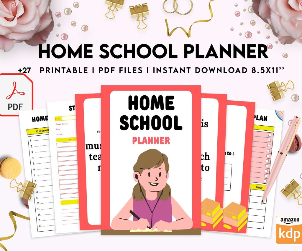 Home School Planner, homeschool daily planning, homeschooling lesson schedule KDP interior PDF file 8,5×11 inch
