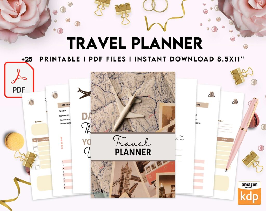 Travel Planner, travel checklist , trip organizer, vacation planner, travel itinerary KDP interior PDF file 8,5×11 inch