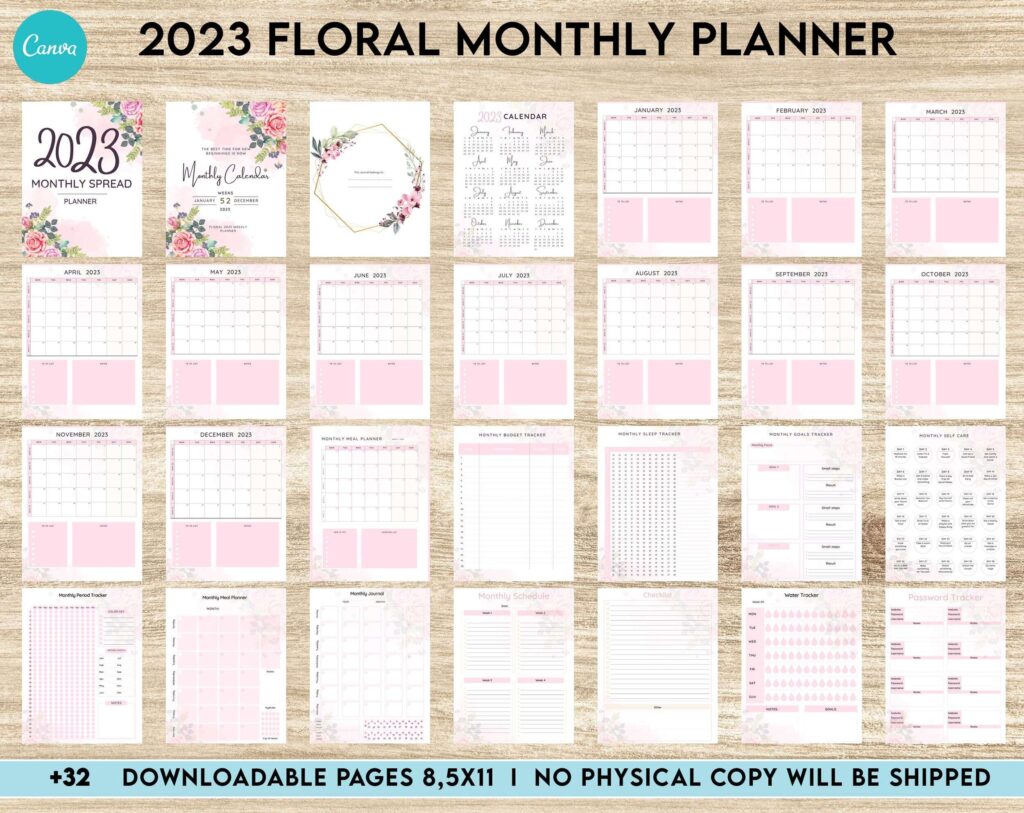 2023 Floral Monthly Planner, Dated 2023 planner Calendar Printable Canva Editable Templates 8,5×11 inch, KDP interior