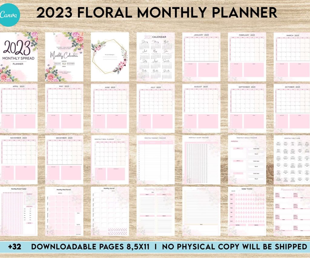 2023 Floral Monthly Planner, Dated 2023 planner Calendar Printable Canva Editable Templates 8,5×11 inch, KDP interior