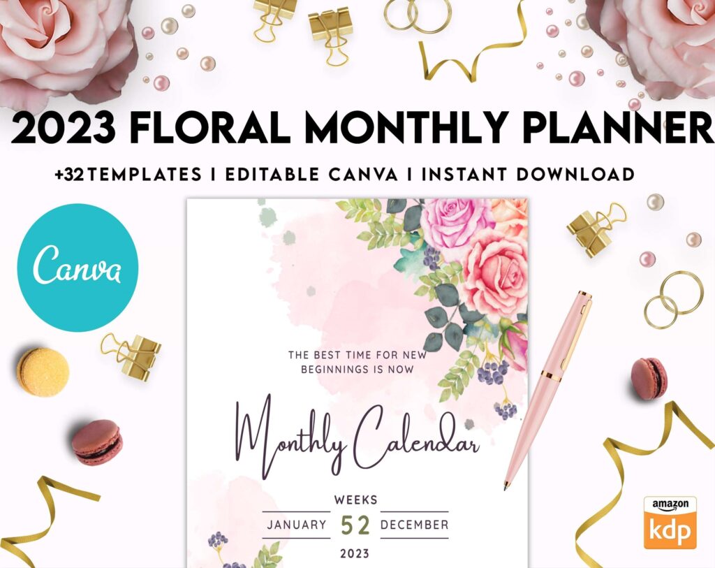 2023 Floral Monthly Planner, Dated 2023 planner Calendar Printable Canva Editable Templates 8,5×11 inch, KDP interior