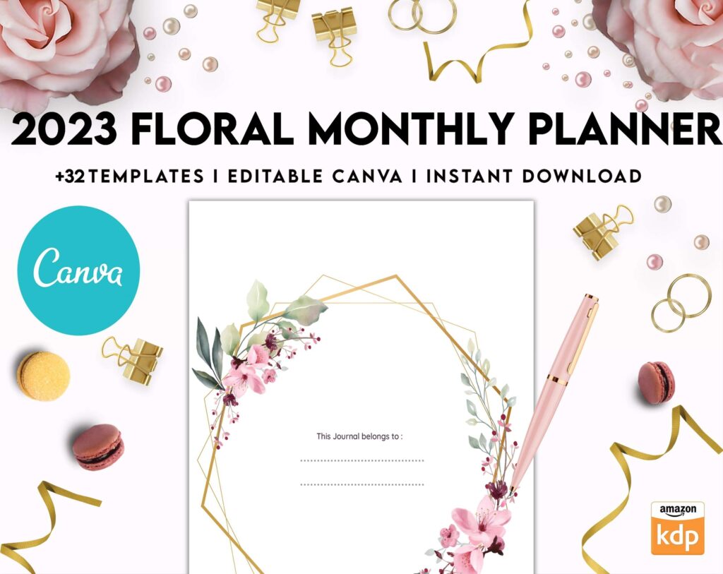 2023 Floral Monthly Planner, Dated 2023 planner Calendar Printable Canva Editable Templates 8,5×11 inch, KDP interior