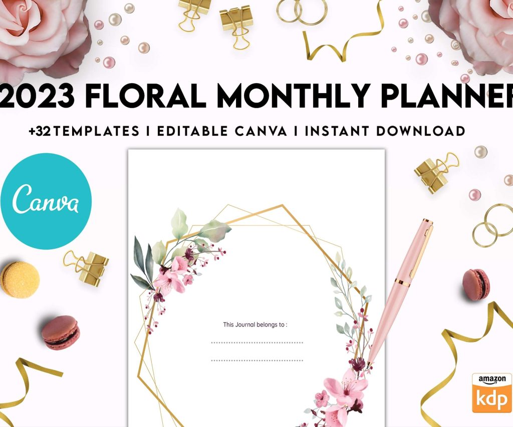 2023 Floral Monthly Planner, Dated 2023 planner Calendar Printable Canva Editable Templates 8,5×11 inch, KDP interior