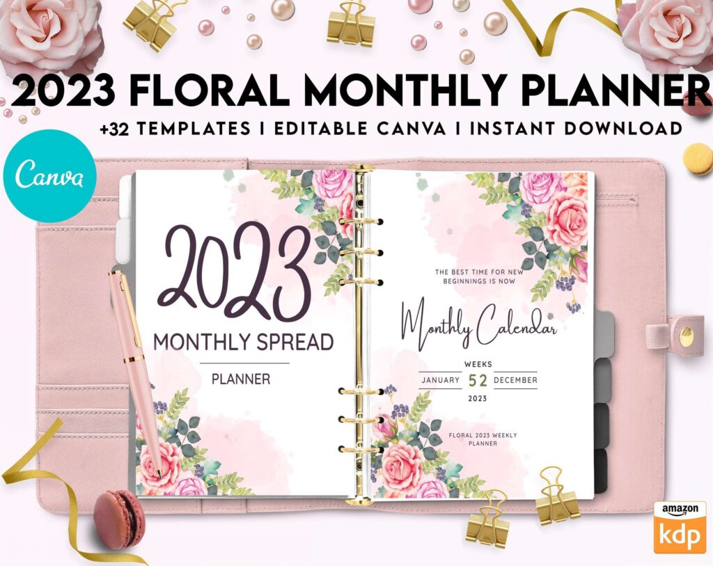 2023 Floral Monthly Planner, Dated 2023 planner Calendar Printable Canva Editable Templates 8,5×11 inch, KDP interior