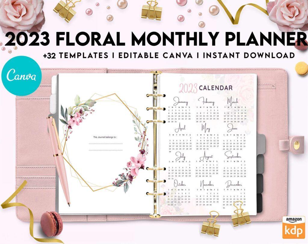 2023 Floral Monthly Planner, Dated 2023 planner Calendar Printable Canva Editable Templates 8,5×11 inch, KDP interior