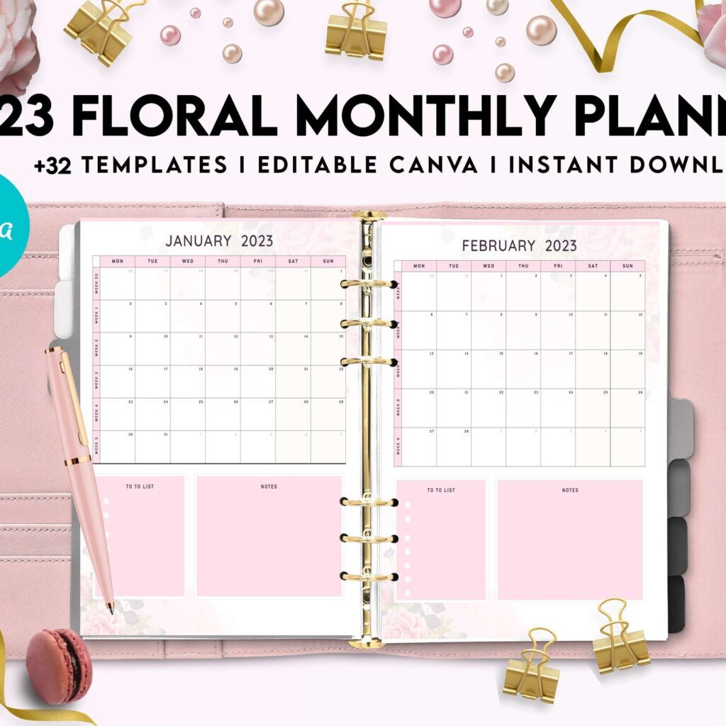 2023 Floral Monthly Planner, Dated 2023 planner Calendar Printable Canva Editable Templates 8,5×11 inch, KDP interior