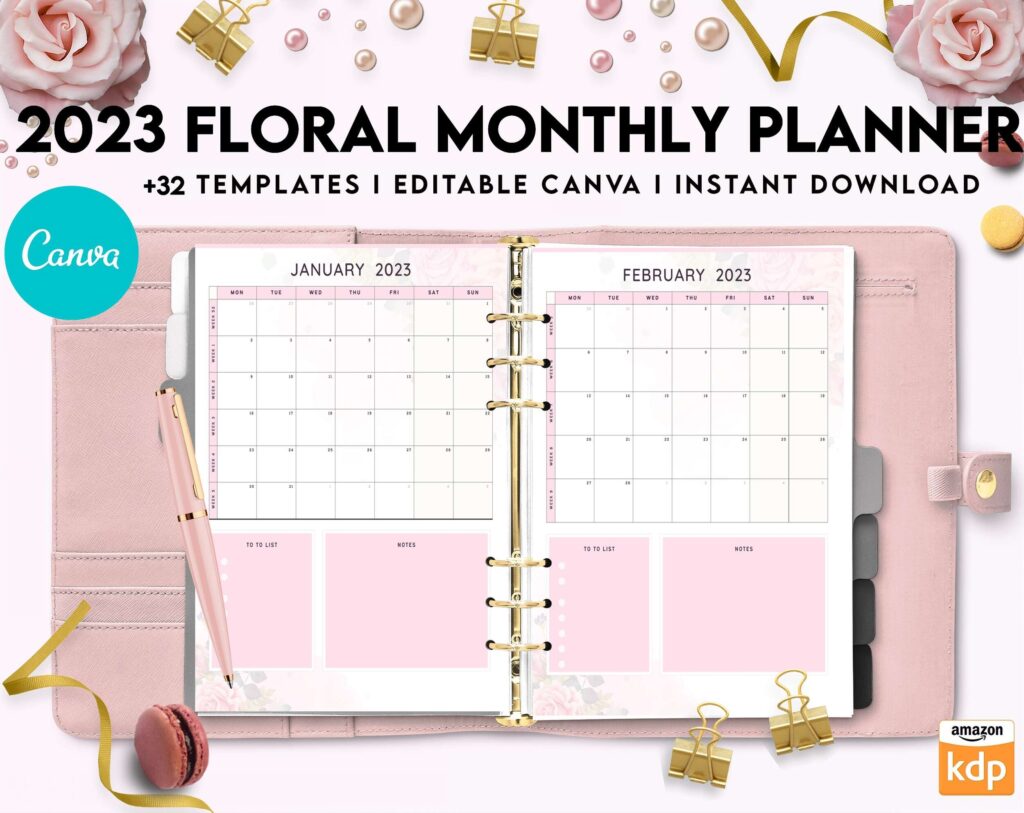 2023 Floral Monthly Planner, Dated 2023 planner Calendar Printable Canva Editable Templates 8,5×11 inch, KDP interior