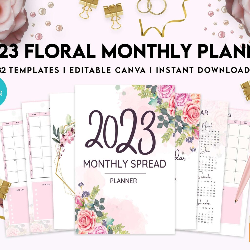 2023 Floral Monthly Planner, Dated 2023 planner Calendar Printable Canva Editable Templates 8,5×11 inch, KDP interior