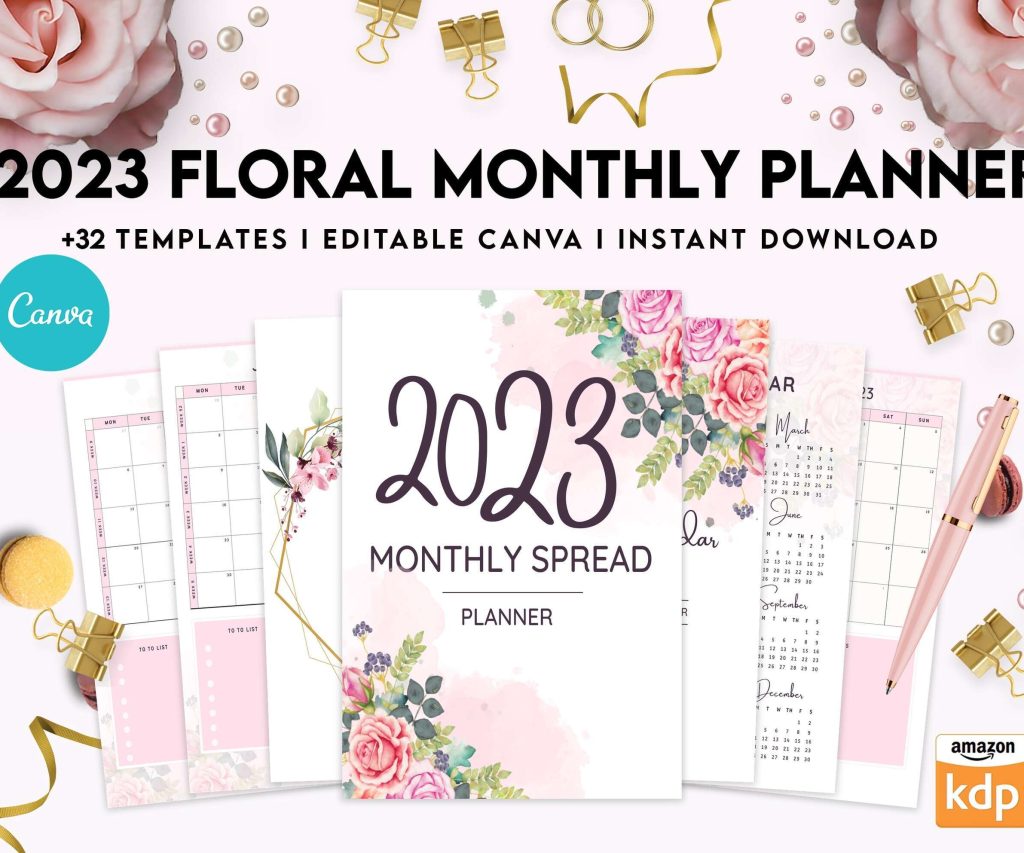 2023 Floral Monthly Planner, Dated 2023 planner Calendar Printable Canva Editable Templates 8,5×11 inch, KDP interior