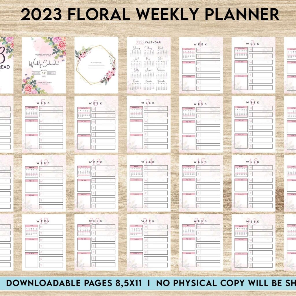 2023 Floral Weekly Planner, Dated 2023 planner Calendar Printable Canva Editable Templates 8,5×11 inch, KDP interior