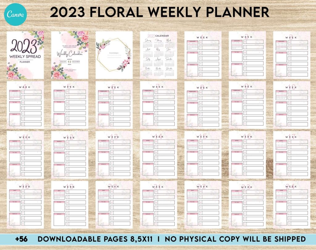 2023 Floral Weekly Planner, Dated 2023 planner Calendar Printable Canva Editable Templates 8,5×11 inch, KDP interior