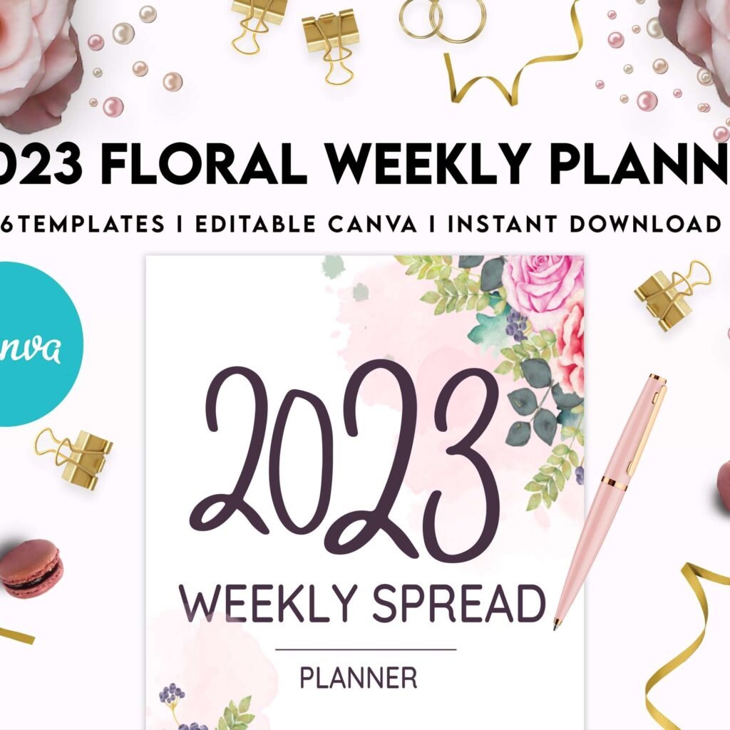 2023 Floral Weekly Planner, Dated 2023 planner Calendar Printable Canva Editable Templates 8,5×11 inch, KDP interior