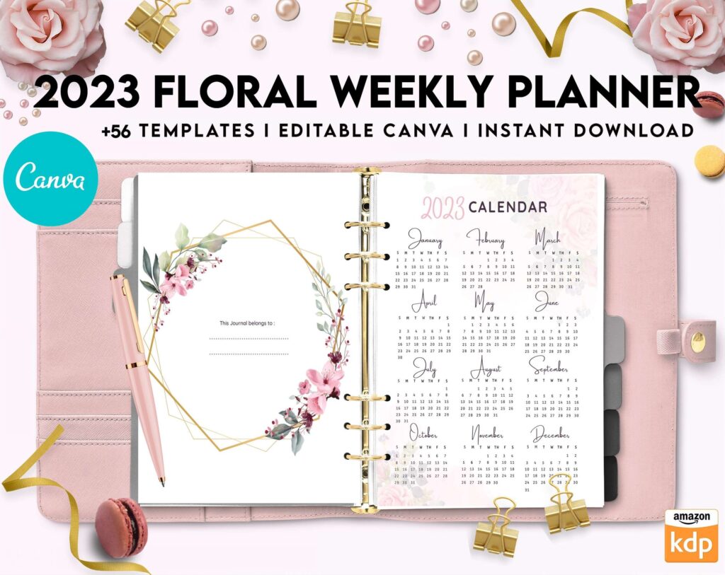 2023 Floral Weekly Planner, Dated 2023 planner Calendar Printable Canva Editable Templates 8,5×11 inch, KDP interior
