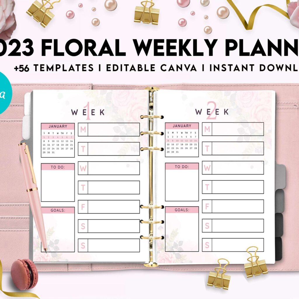 2023 Floral Weekly Planner, Dated 2023 planner Calendar Printable Canva Editable Templates 8,5×11 inch, KDP interior