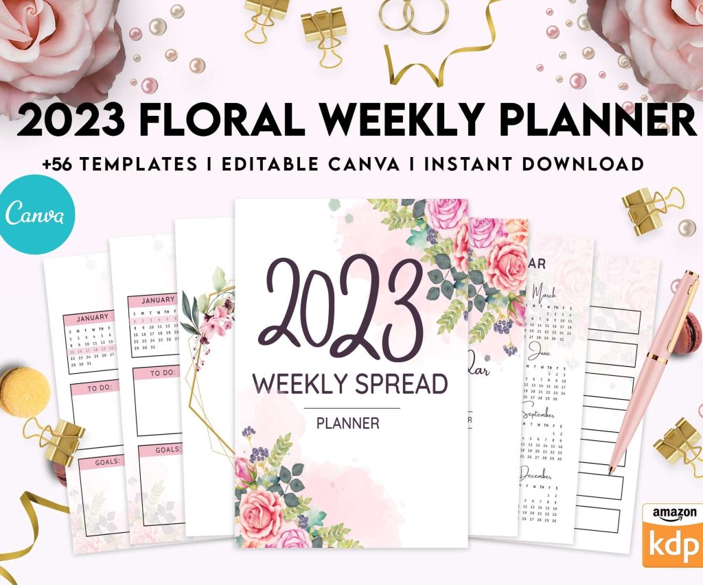 2023 Floral Weekly Planner, Dated 2023 planner Calendar Printable Canva Editable Templates 8,5×11 inch, KDP interior