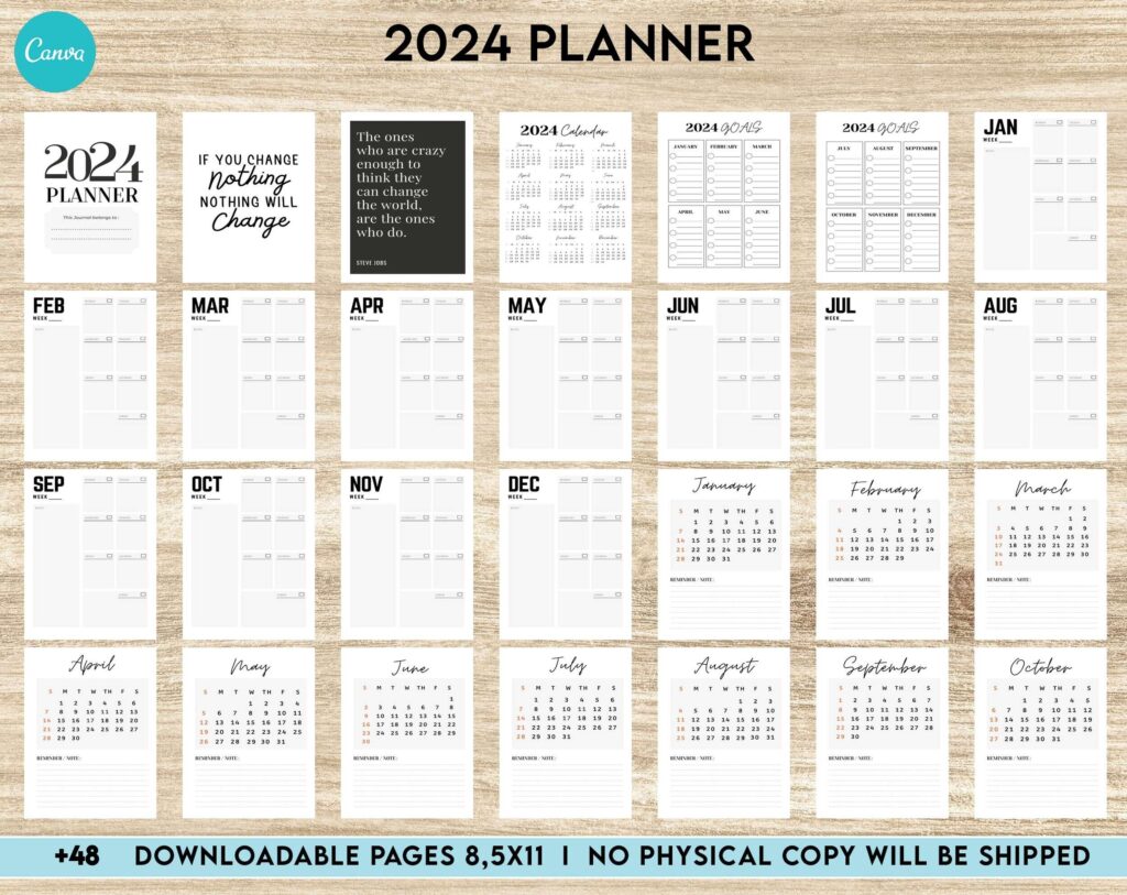 2024 Planner, Dated 2024 planner Calendar Printable Canva Editable Templates 8,5×11 inch, KDP interior