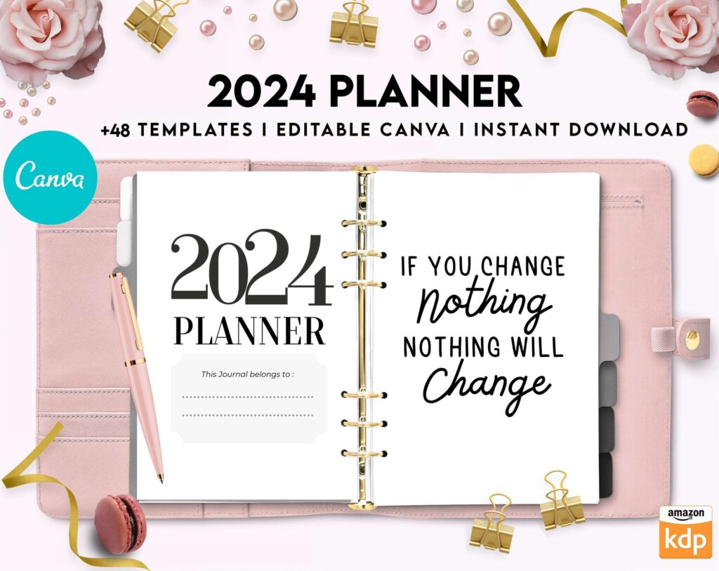2024 Planner, Dated 2024 planner Calendar Printable Canva Editable Templates 8,5×11 inch, KDP interior
