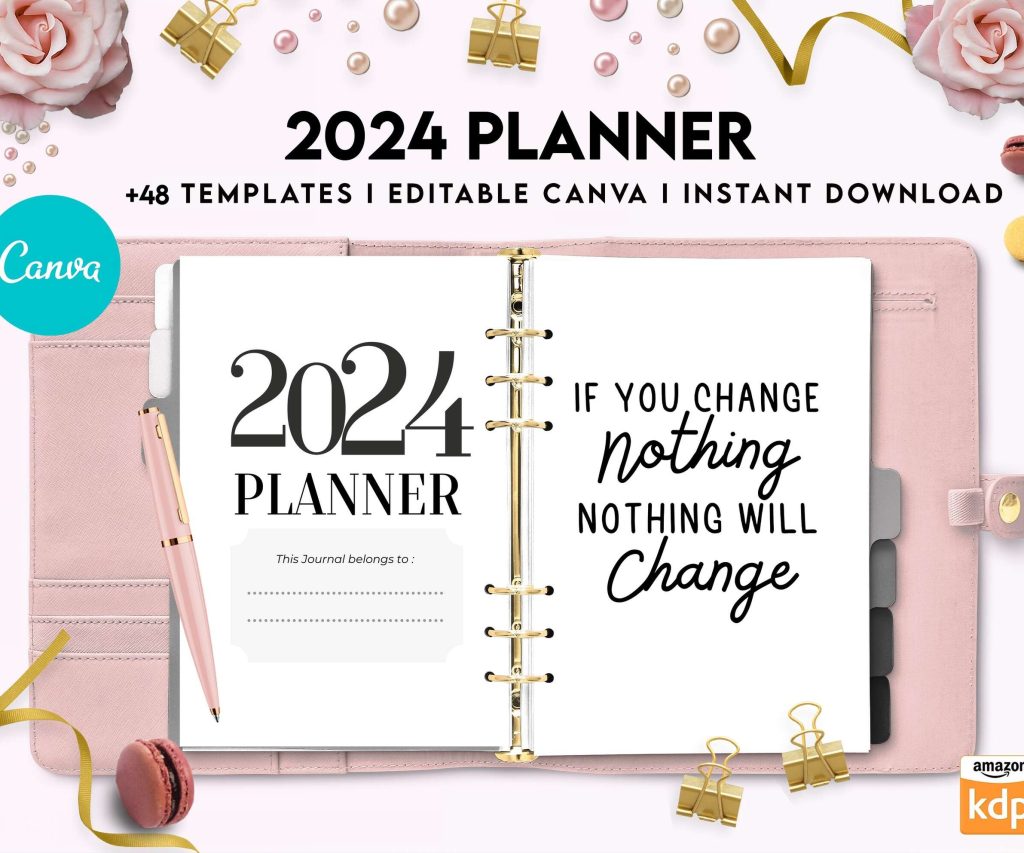 2024 Planner, Dated 2024 planner Calendar Printable Canva Editable Templates 8,5×11 inch, KDP interior