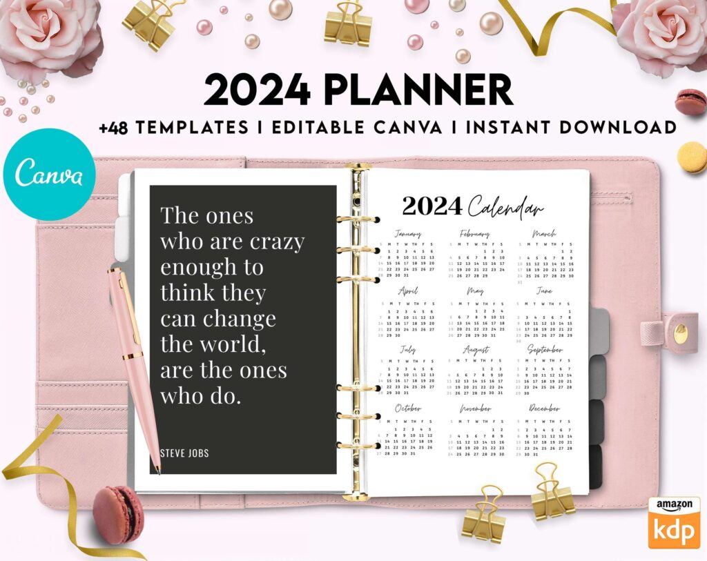2024 Planner, Dated 2024 planner Calendar Printable Canva Editable Templates 8,5×11 inch, KDP interior