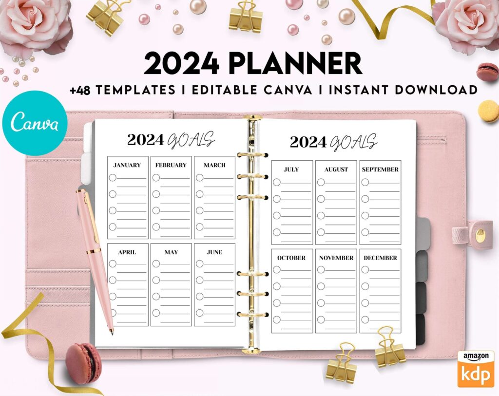 2024 Planner, Dated 2024 planner Calendar Printable Canva Editable Templates 8,5×11 inch, KDP interior