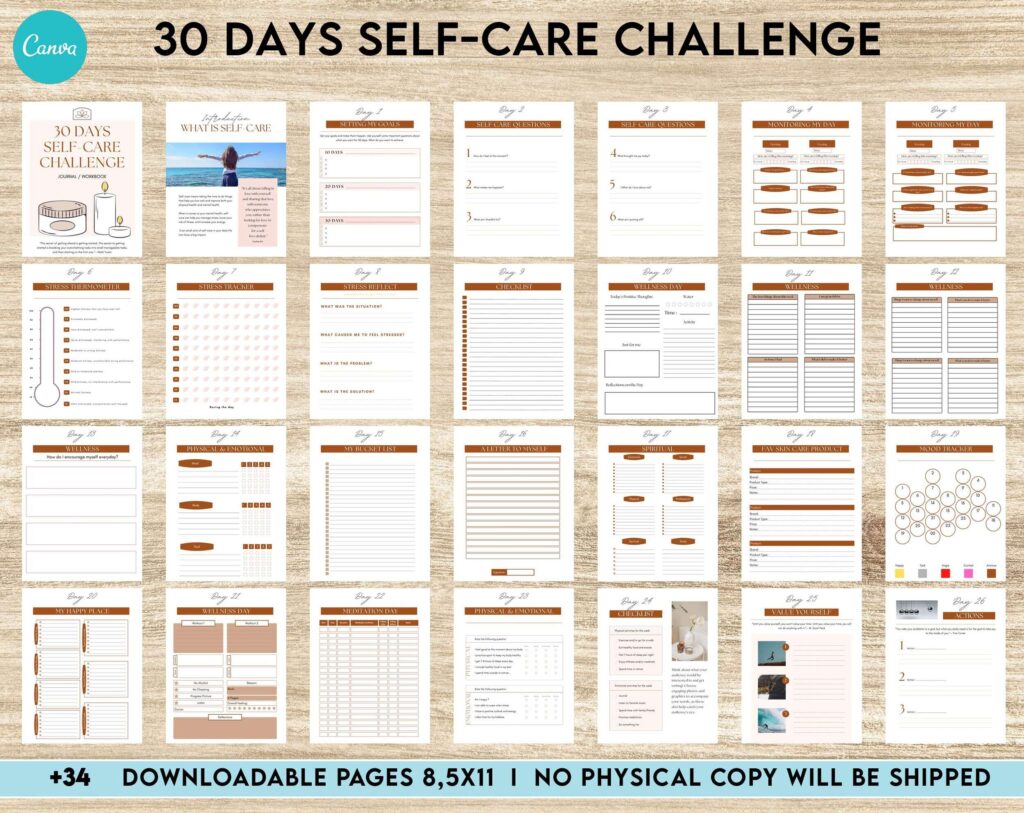 30 Day Self-care Challenge, Self care journal, self care planner, mindfulness, self love journal,wellness journal Canva Editable Templates 8,5×11 inch, KDP interior