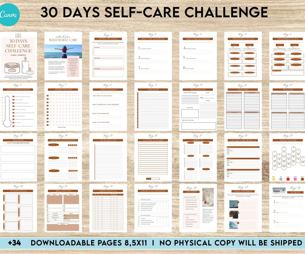 30 Day Self-care Challenge, Self care journal, self care planner, mindfulness, self love journal,wellness journal Canva Editable Templates 8,5×11 inch, KDP interior