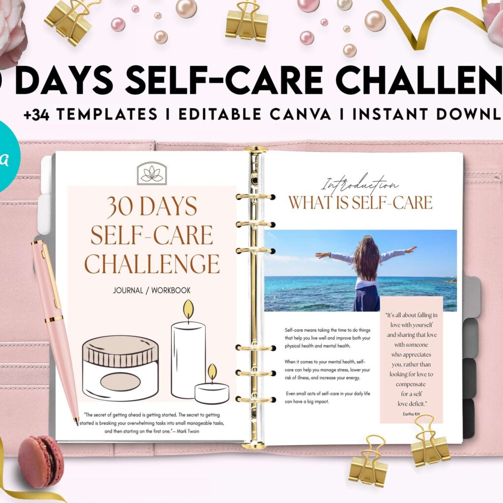 30 Day Self-care Challenge, Self care journal, self care planner, mindfulness, self love journal,wellness journal Canva Editable Templates 8,5×11 inch, KDP interior