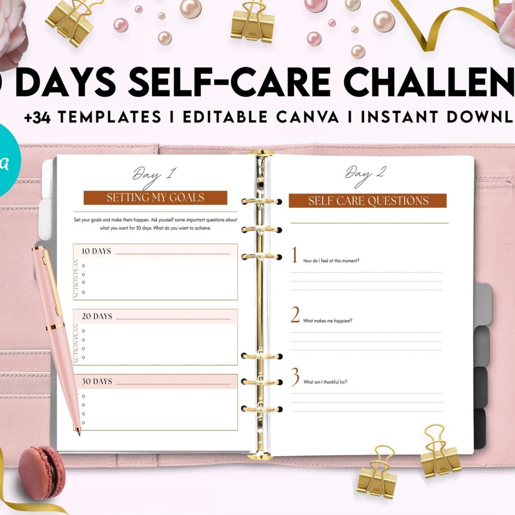 30 Day Self-care Challenge, Self care journal, self care planner, mindfulness, self love journal,wellness journal Canva Editable Templates 8,5×11 inch, KDP interior
